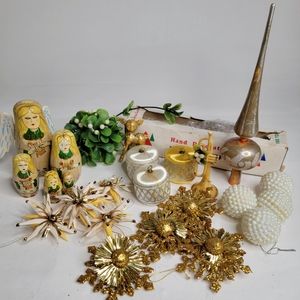 Lot of Vintage Christmas Decor  - White Gold Sparkly Kitschy Holiday Mid Century